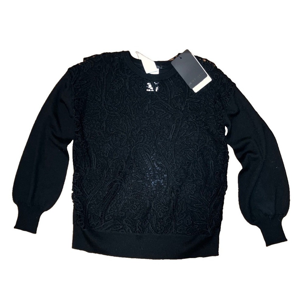Marina Rinaldi Sweater Lolly Black Lace Overlay Puff Sleeve NWT Sz S $695 Luxury